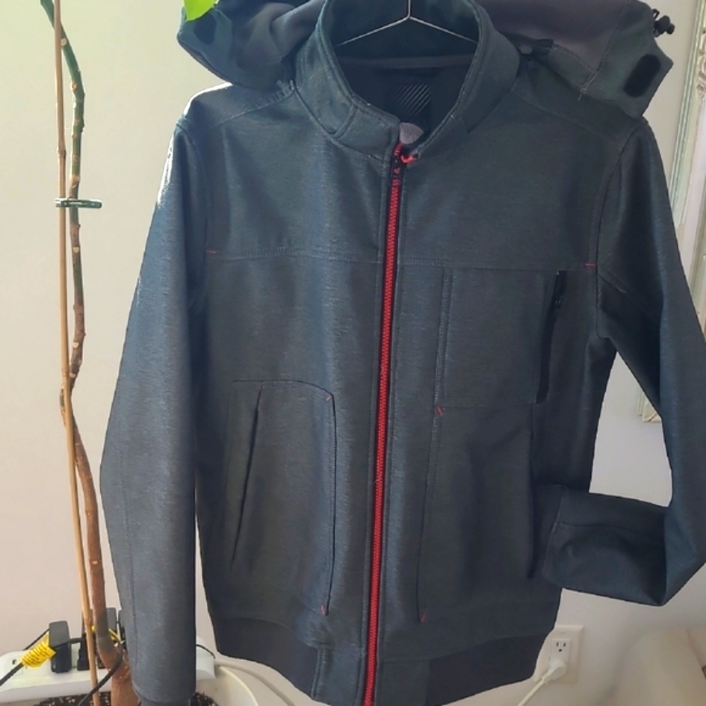Gray Hooded Jacket with Red Accents